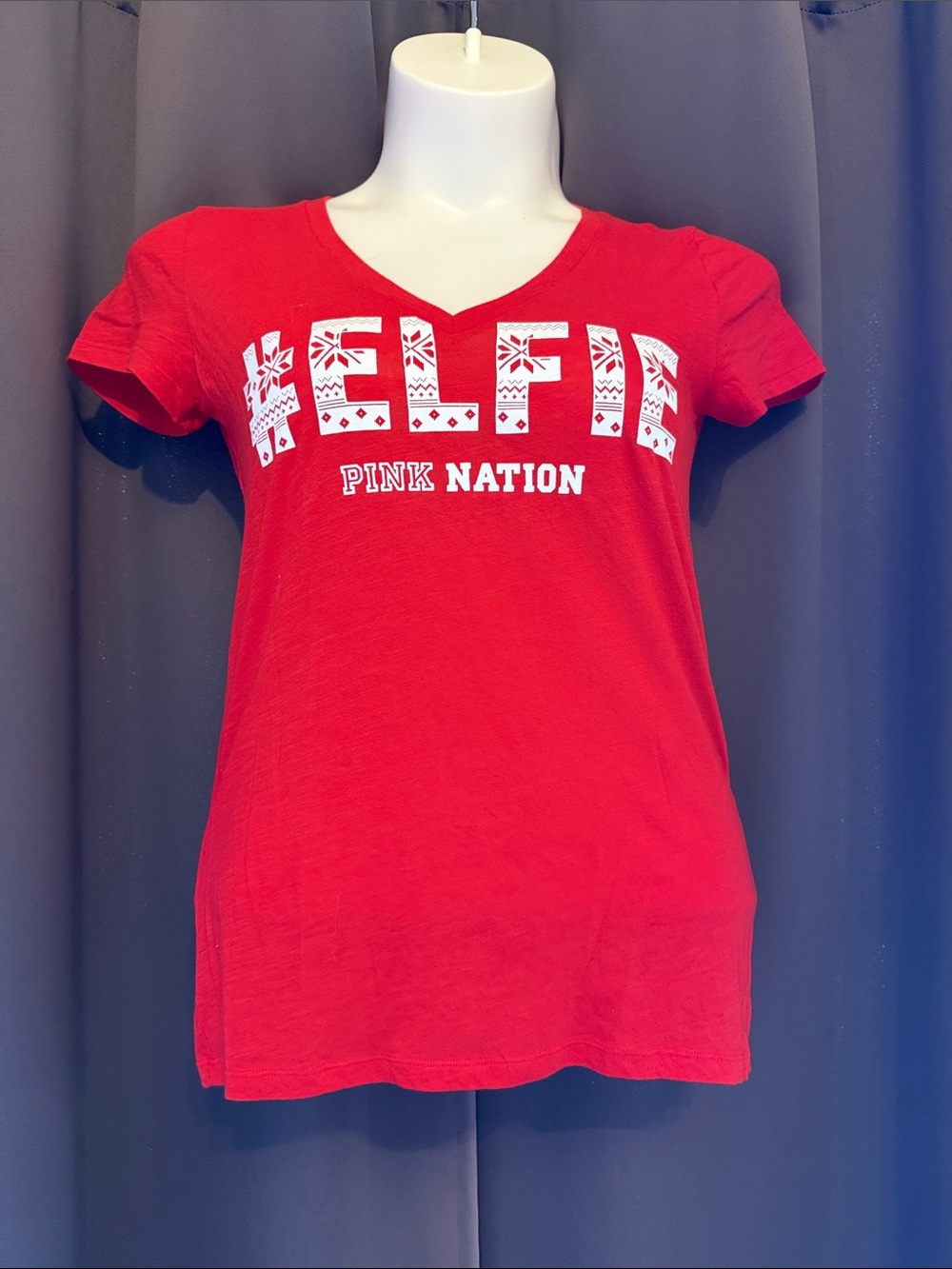 PINK Victoria's Secret Red V‑Neck #ELFIE Graphic Tee